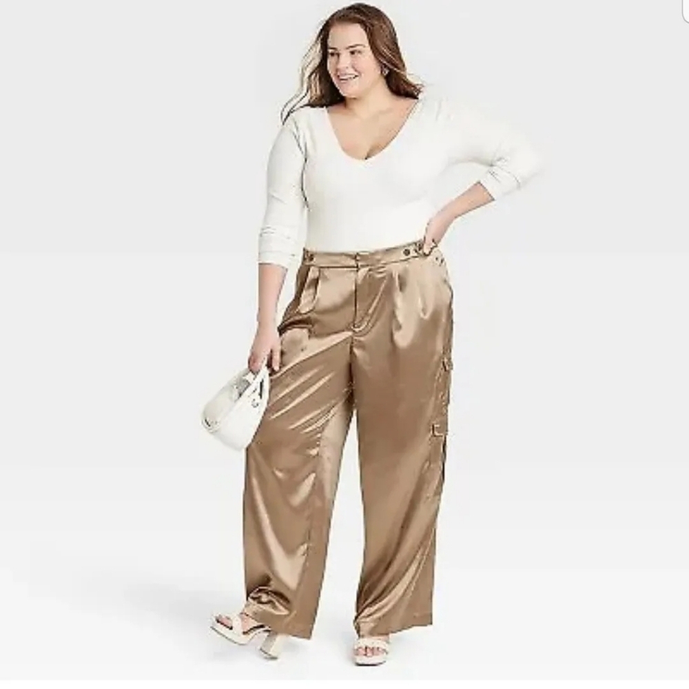 Women's High Rise Satin Muddy Brown Cargo Pants - A New Day